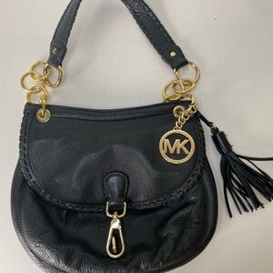 Michael Kors Black and Gold Shoulder Bag with Saddle Shape black leather